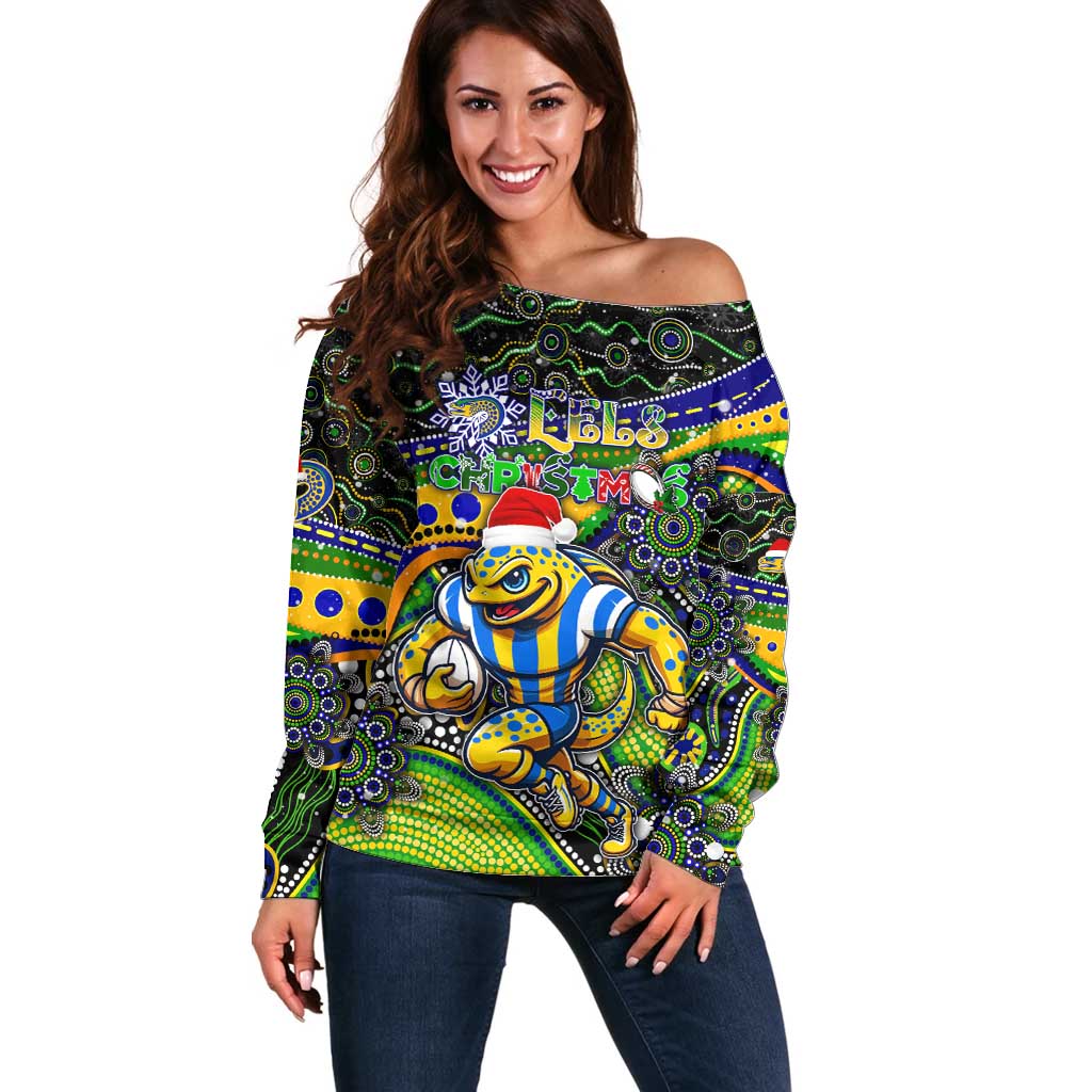 Merry Christmas Eels Off Shoulder Sweater Aboriginal Santa Rugby Mascot - Parramatta