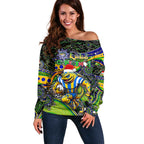 Merry Christmas Eels Off Shoulder Sweater Aboriginal Santa Rugby Mascot - Parramatta