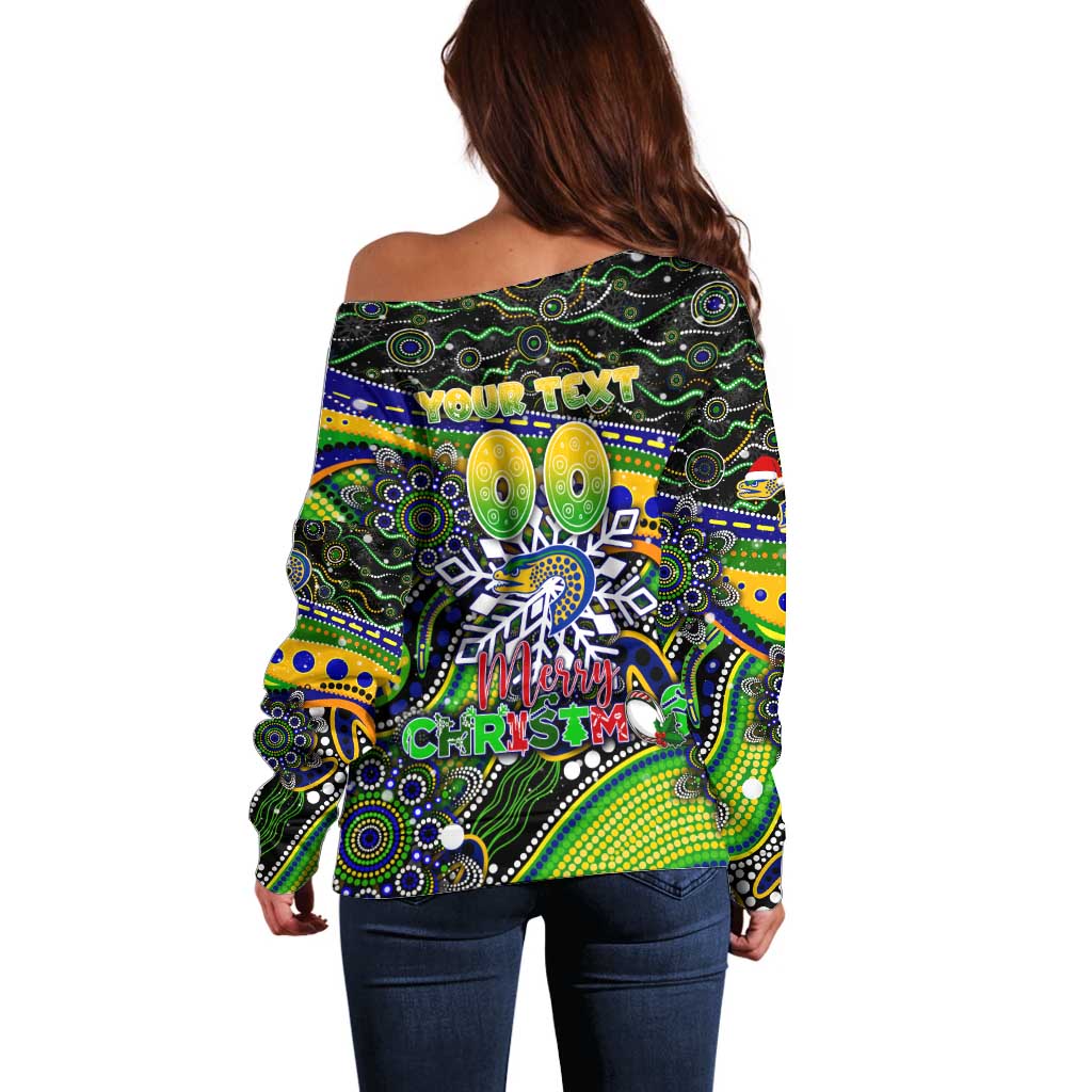 Merry Christmas Eels Off Shoulder Sweater Aboriginal Santa Rugby Mascot - Parramatta