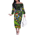 Merry Christmas Eels Off The Shoulder Long Sleeve Dress Aboriginal Santa Rugby Mascot - Parramatta