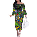 Merry Christmas Eels Off The Shoulder Long Sleeve Dress Aboriginal Santa Rugby Mascot - Parramatta
