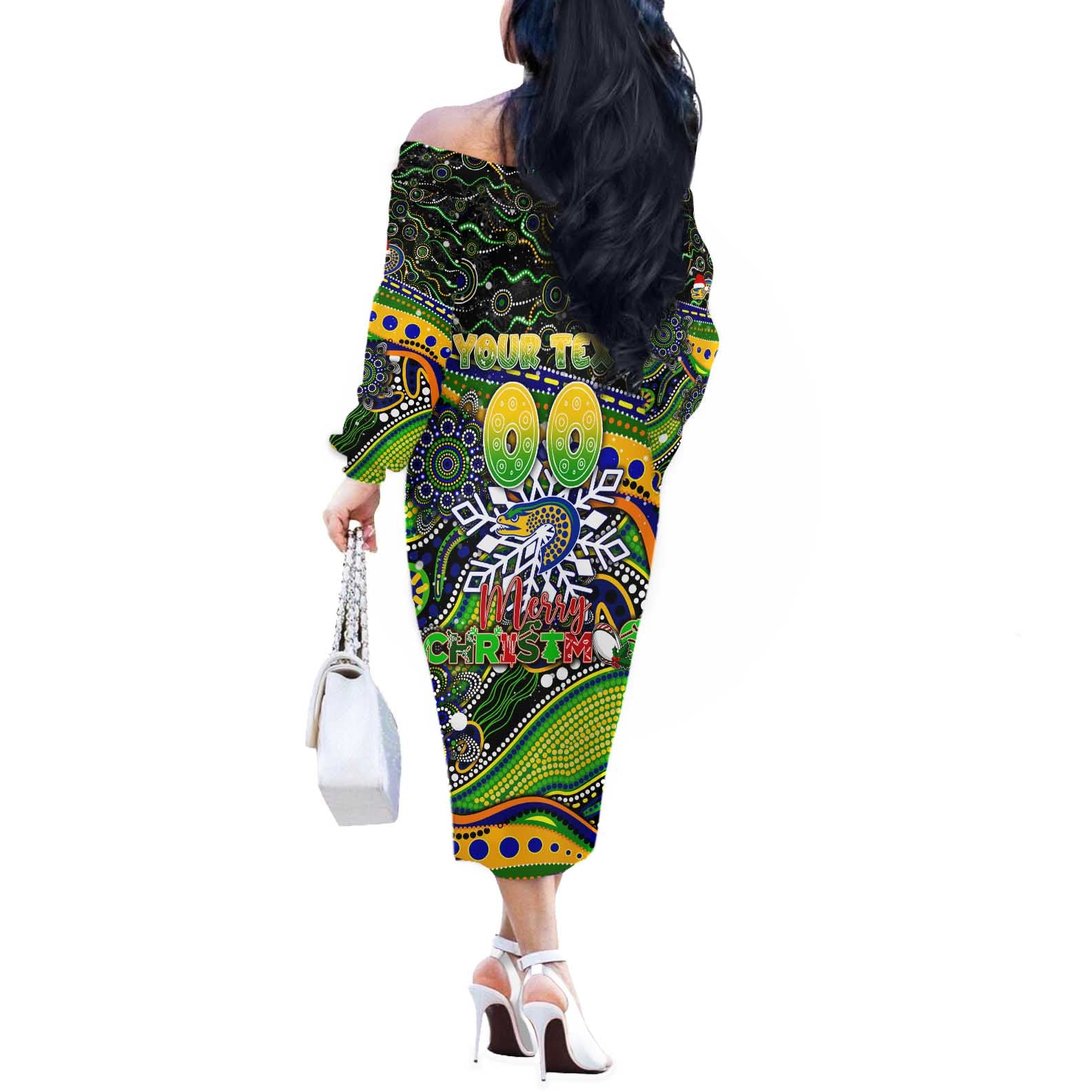 Merry Christmas Eels Off The Shoulder Long Sleeve Dress Aboriginal Santa Rugby Mascot - Parramatta