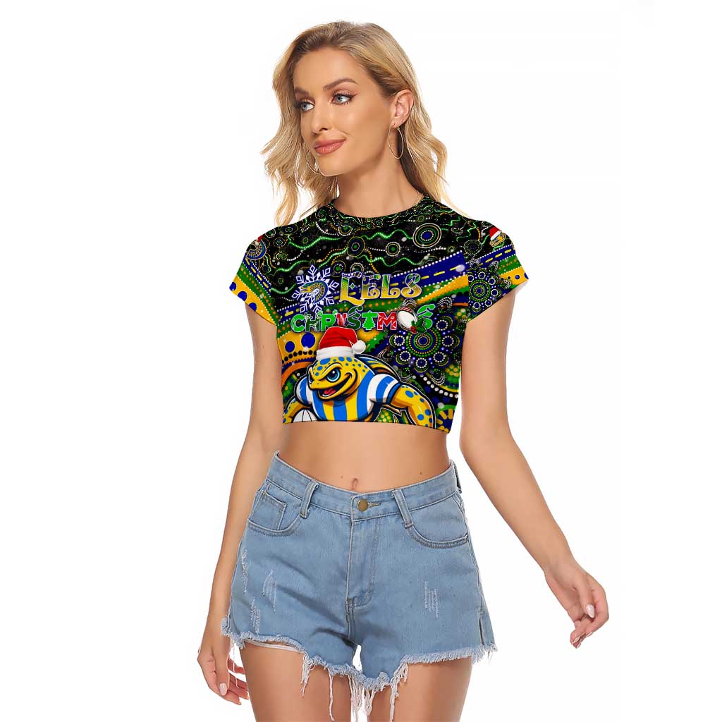 Merry Christmas Eels Raglan Cropped T Shirt Aboriginal Santa Rugby Mascot - Parramatta