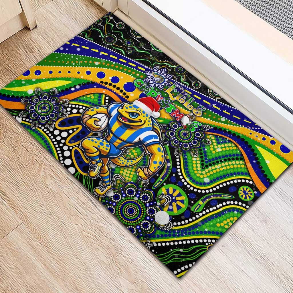 Merry Christmas Eels Rubber Doormat Aboriginal Santa Rugby Mascot - Parramatta