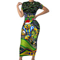 Merry Christmas Eels Short Sleeve Bodycon Dress Aboriginal Santa Rugby Mascot - Parramatta