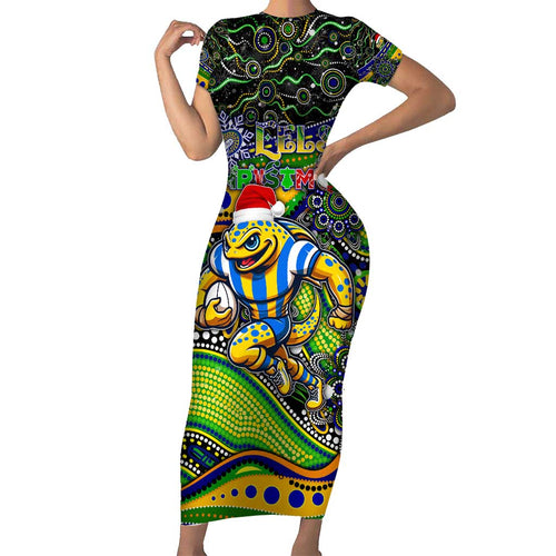 Merry Christmas Eels Short Sleeve Bodycon Dress Aboriginal Santa Rugby Mascot - Parramatta