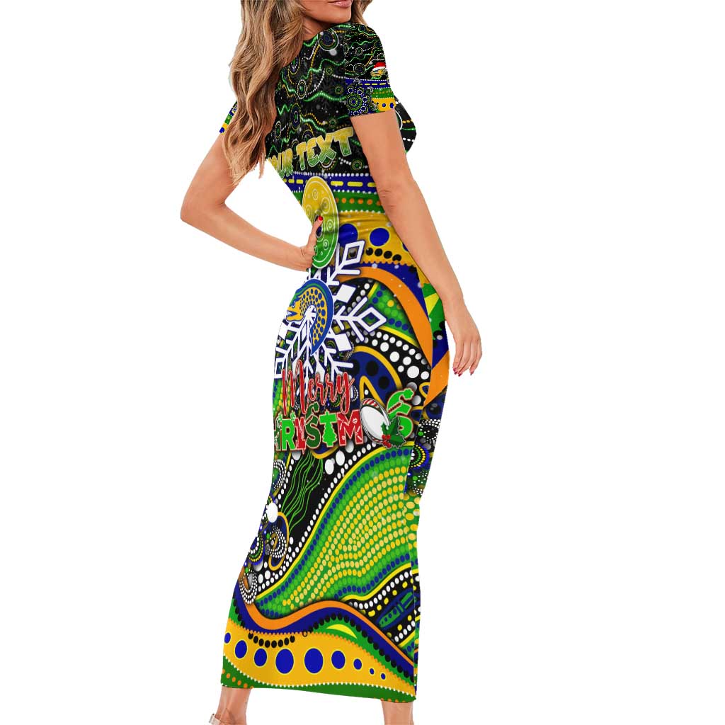 Merry Christmas Eels Short Sleeve Bodycon Dress Aboriginal Santa Rugby Mascot - Parramatta