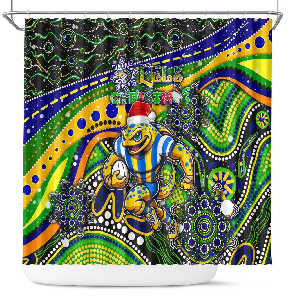 Merry Christmas Eels Shower Curtain Aboriginal Santa Rugby Mascot - Parramatta
