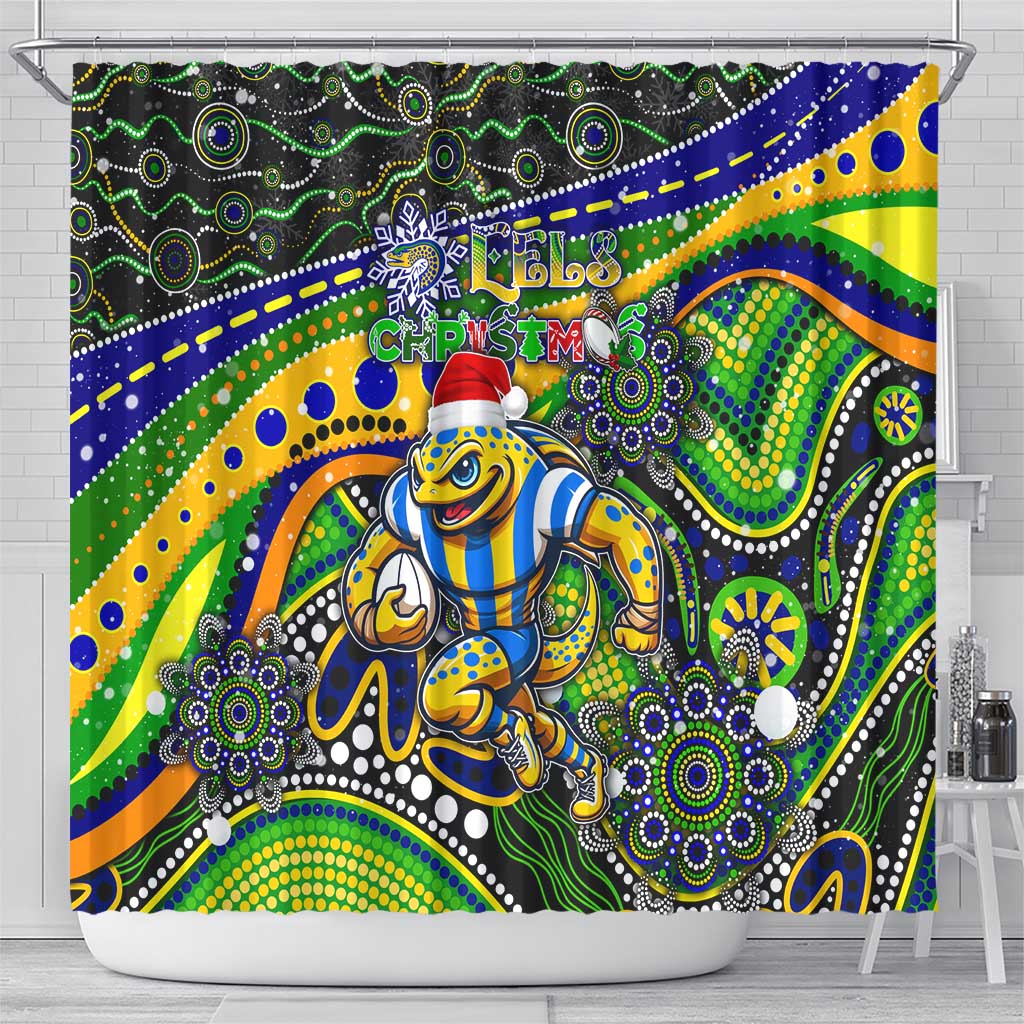 Merry Christmas Eels Shower Curtain Aboriginal Santa Rugby Mascot - Parramatta
