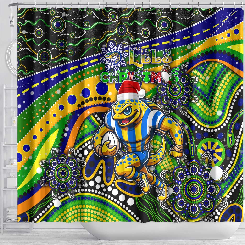 Merry Christmas Eels Shower Curtain Aboriginal Santa Rugby Mascot - Parramatta