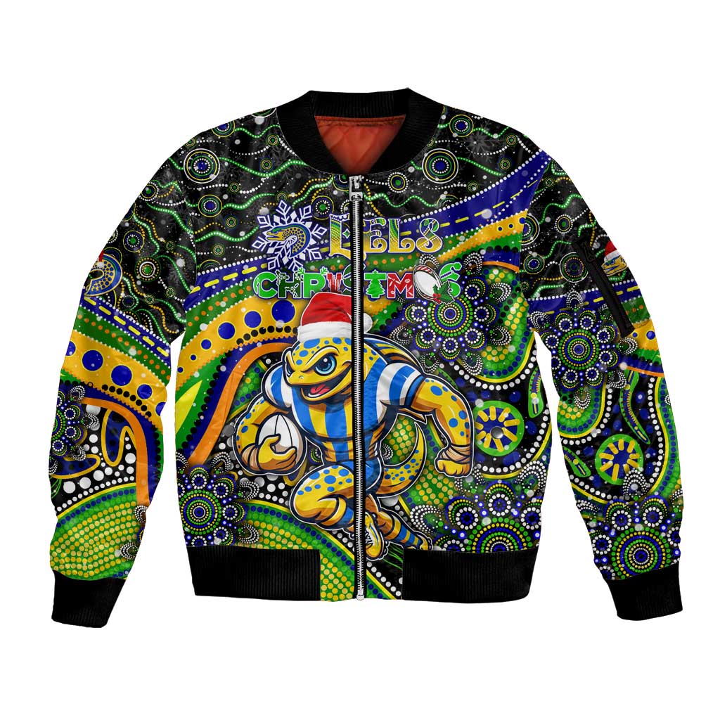 Merry Christmas Eels Sleeve Zip Bomber Jacket Aboriginal Santa Rugby Mascot - Parramatta