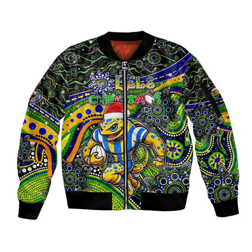 Merry Christmas Eels Sleeve Zip Bomber Jacket Aboriginal Santa Rugby Mascot - Parramatta