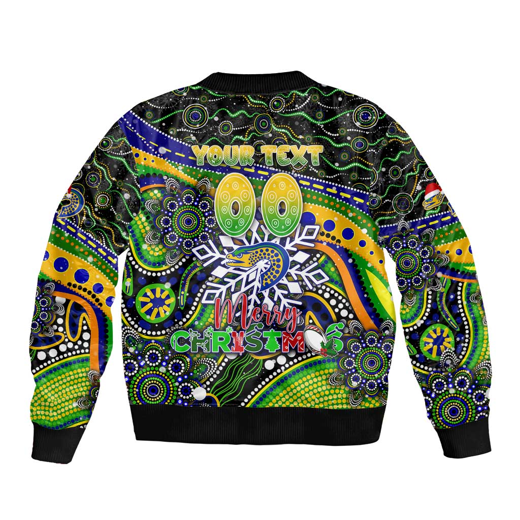 Merry Christmas Eels Sleeve Zip Bomber Jacket Aboriginal Santa Rugby Mascot - Parramatta