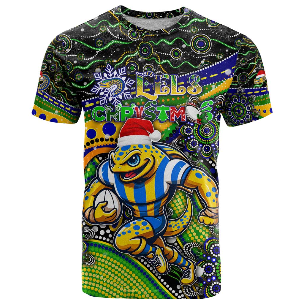 Merry Christmas Eels T Shirt Aboriginal Santa Rugby Mascot - Parramatta
