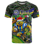 Merry Christmas Eels T Shirt Aboriginal Santa Rugby Mascot - Parramatta