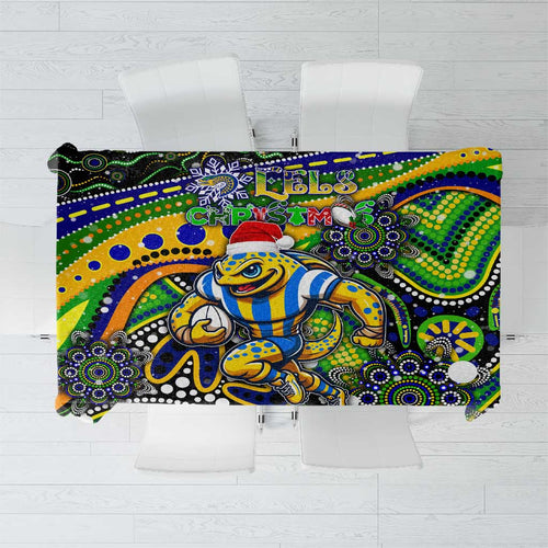 Merry Christmas Eels Tablecloth Aboriginal Santa Rugby Mascot - Parramatta