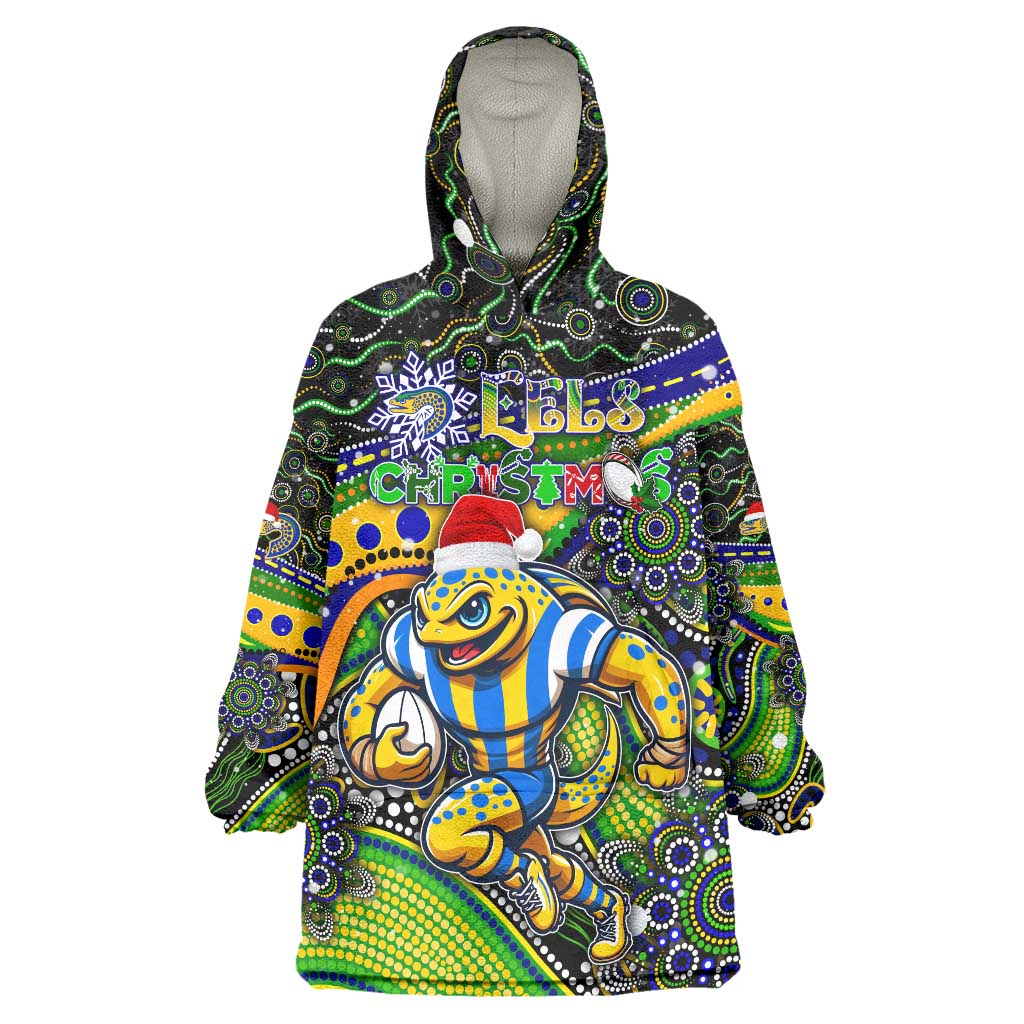 Merry Christmas Eels Wearable Blanket Hoodie Aboriginal Santa Rugby Mascot - Parramatta