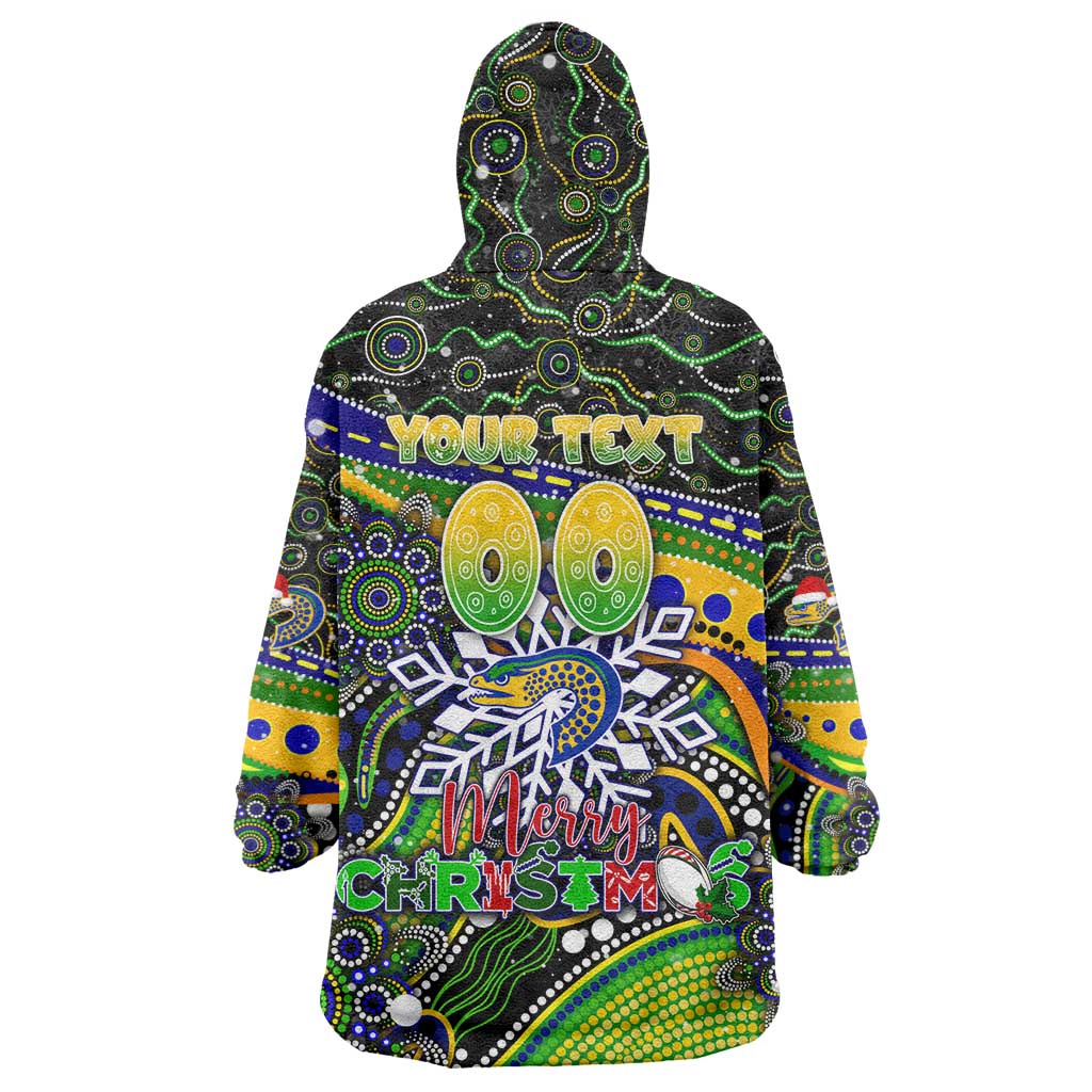 Merry Christmas Eels Wearable Blanket Hoodie Aboriginal Santa Rugby Mascot - Parramatta