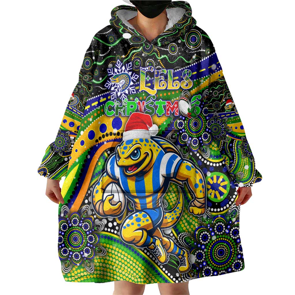 Merry Christmas Eels Wearable Blanket Hoodie Aboriginal Santa Rugby Mascot - Parramatta