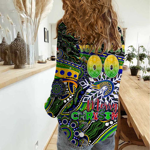 Merry Christmas Eels Women Casual Shirt Aboriginal Santa Rugby Mascot - Parramatta