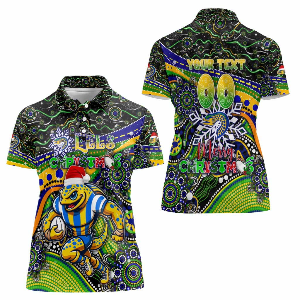 Merry Christmas Eels Women Polo Shirt Aboriginal Santa Rugby Mascot - Parramatta