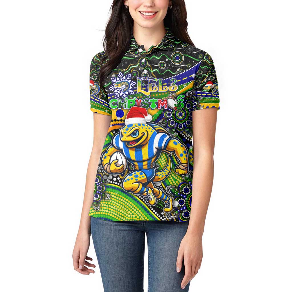 Merry Christmas Eels Women Polo Shirt Aboriginal Santa Rugby Mascot - Parramatta