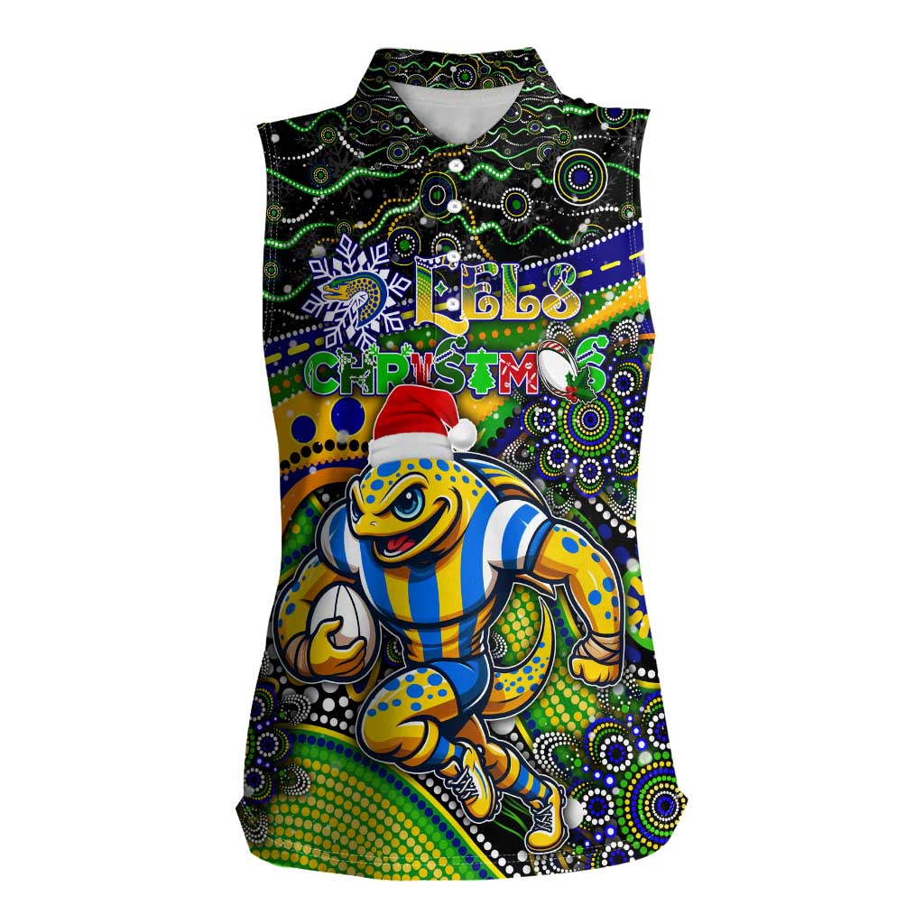 Merry Christmas Eels Women Sleeveless Polo Shirt Aboriginal Santa Rugby Mascot - Parramatta