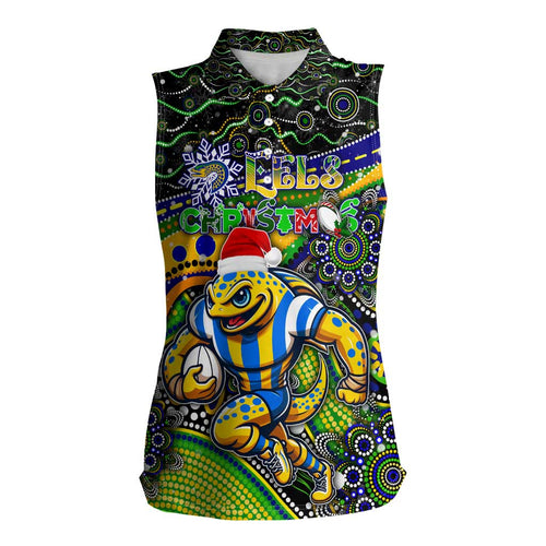 Merry Christmas Eels Women Sleeveless Polo Shirt Aboriginal Santa Rugby Mascot - Parramatta