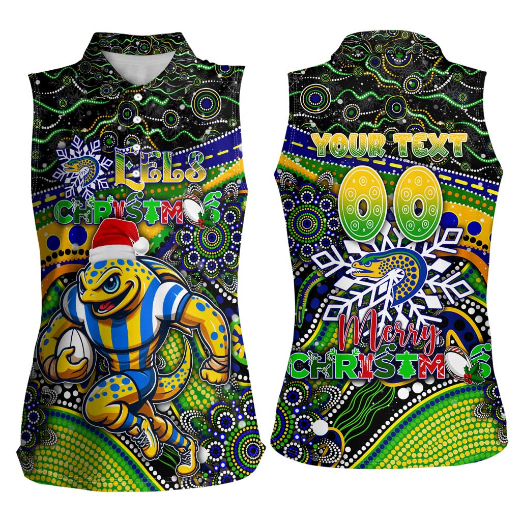 Merry Christmas Eels Women Sleeveless Polo Shirt Aboriginal Santa Rugby Mascot - Parramatta