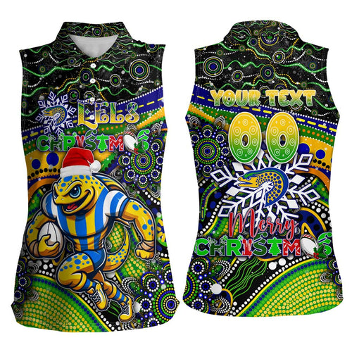 Merry Christmas Eels Women Sleeveless Polo Shirt Aboriginal Santa Rugby Mascot - Parramatta