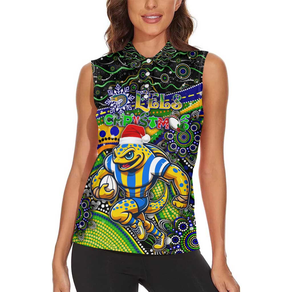 Merry Christmas Eels Women Sleeveless Polo Shirt Aboriginal Santa Rugby Mascot - Parramatta