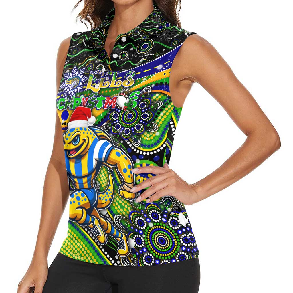 Merry Christmas Eels Women Sleeveless Polo Shirt Aboriginal Santa Rugby Mascot - Parramatta