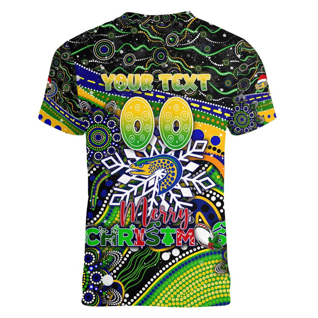 Merry Christmas Eels Women V-Neck T-Shirt Aboriginal Santa Rugby Mascot - Parramatta