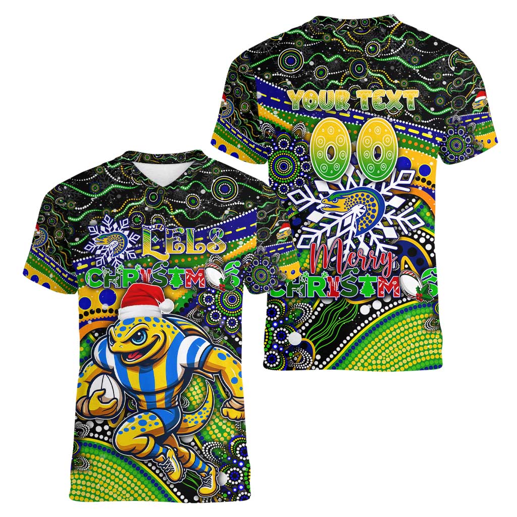 Merry Christmas Eels Women V-Neck T-Shirt Aboriginal Santa Rugby Mascot - Parramatta
