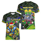 Merry Christmas Eels Women V-Neck T-Shirt Aboriginal Santa Rugby Mascot - Parramatta