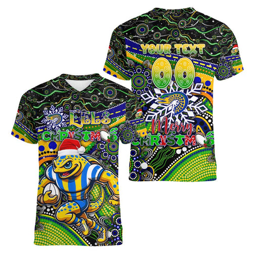 Merry Christmas Eels Women V-Neck T-Shirt Aboriginal Santa Rugby Mascot - Parramatta