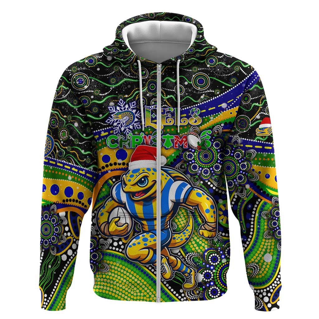 Merry Christmas Eels Zip Hoodie Aboriginal Santa Rugby Mascot - Parramatta