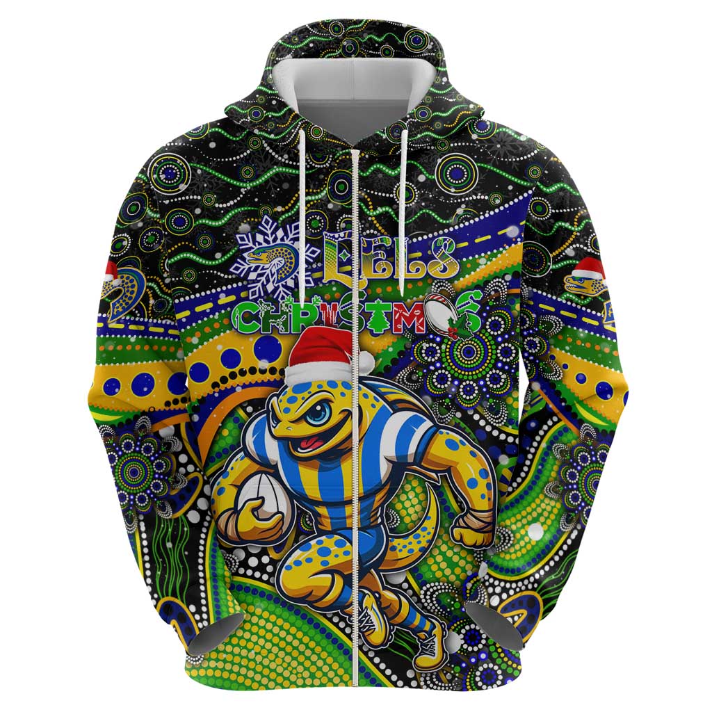 Merry Christmas Eels Zip Hoodie Aboriginal Santa Rugby Mascot - Parramatta