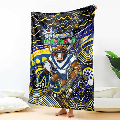 Merry Christmas Cowboys Blanket Aboriginal Santa Rugby Mascot - North Queensland