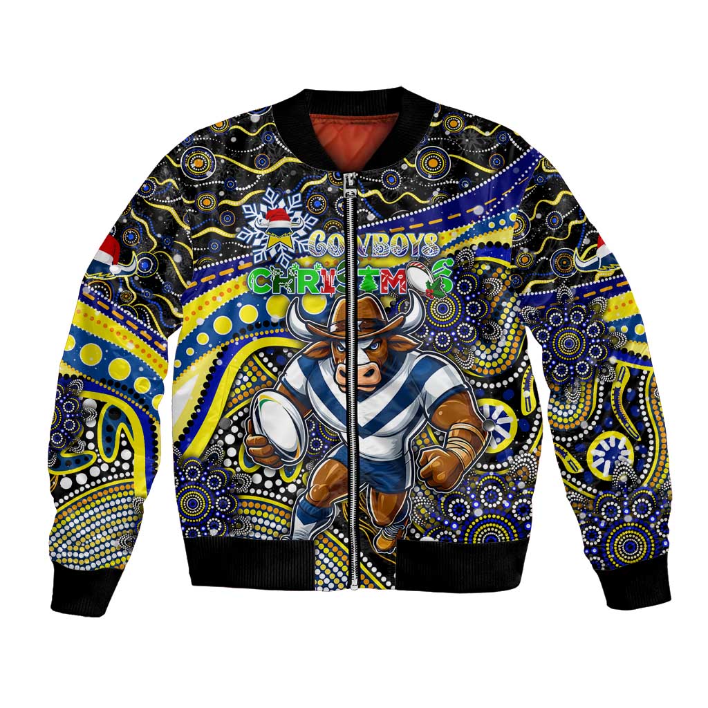 Merry Christmas Cowboys Bomber Jacket Aboriginal Santa Rugby Mascot - North Queensland