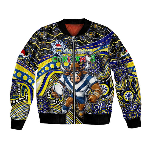 Merry Christmas Cowboys Bomber Jacket Aboriginal Santa Rugby Mascot - North Queensland