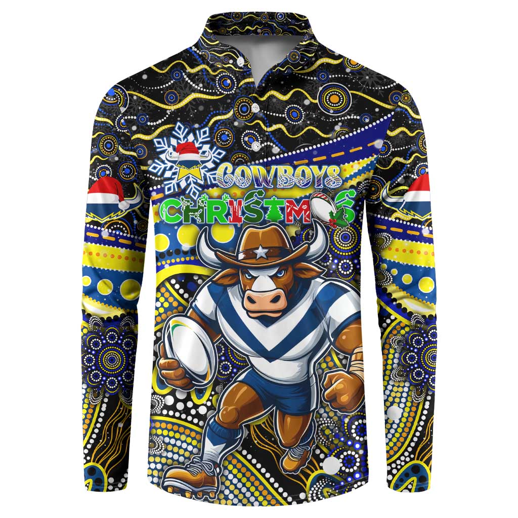Merry Christmas Cowboys Button Sweatshirt Aboriginal Santa Rugby Mascot - North Queensland