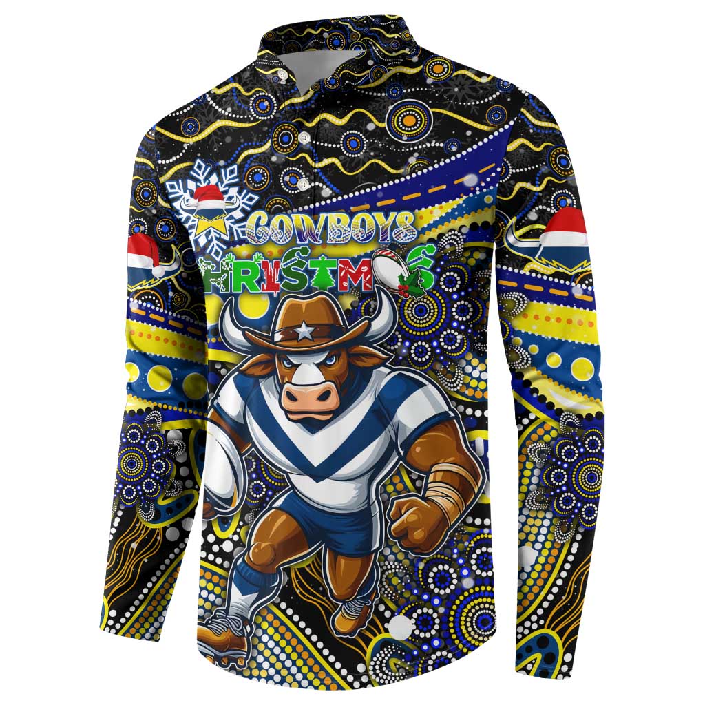 Merry Christmas Cowboys Button Sweatshirt Aboriginal Santa Rugby Mascot - North Queensland