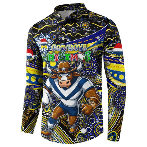 Merry Christmas Cowboys Button Sweatshirt Aboriginal Santa Rugby Mascot - North Queensland