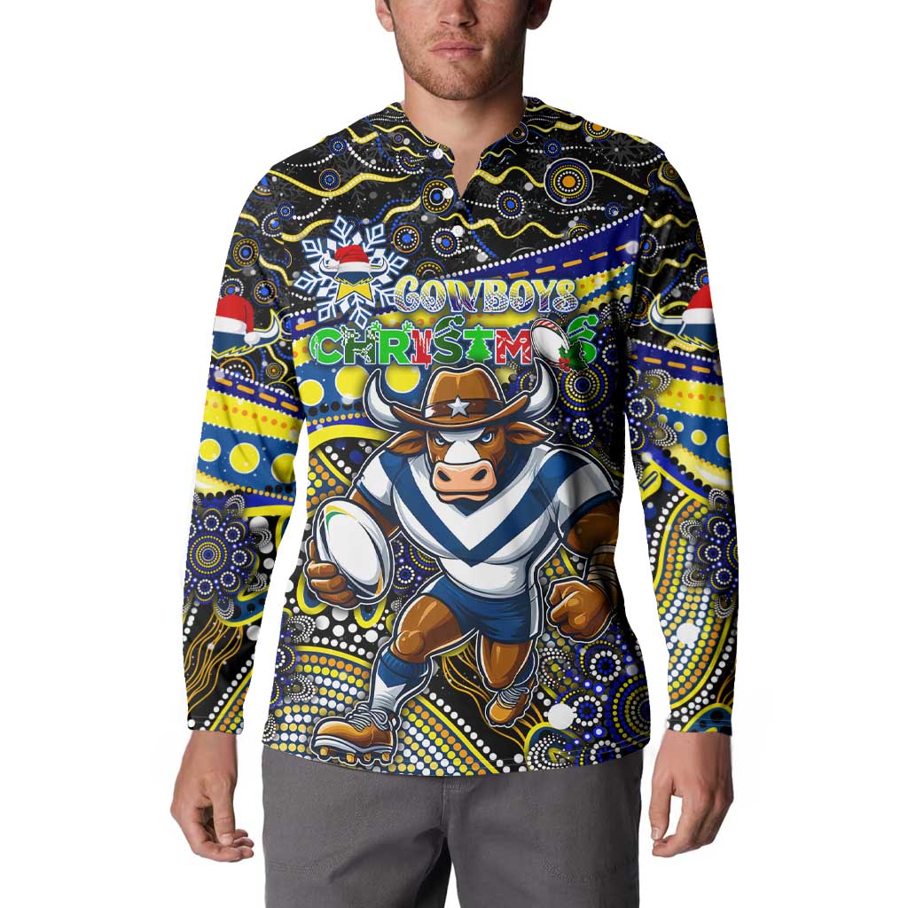 Merry Christmas Cowboys Button Sweatshirt Aboriginal Santa Rugby Mascot - North Queensland
