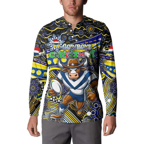 Merry Christmas Cowboys Button Sweatshirt Aboriginal Santa Rugby Mascot - North Queensland
