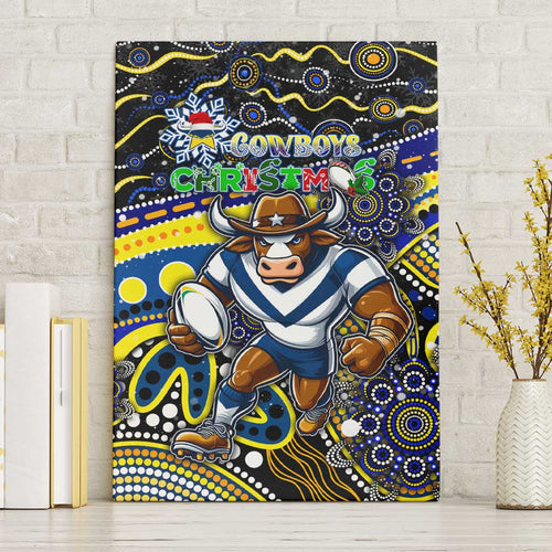 Merry Christmas Cowboys Canvas Wall Art Aboriginal Santa Rugby Mascot - North Queensland