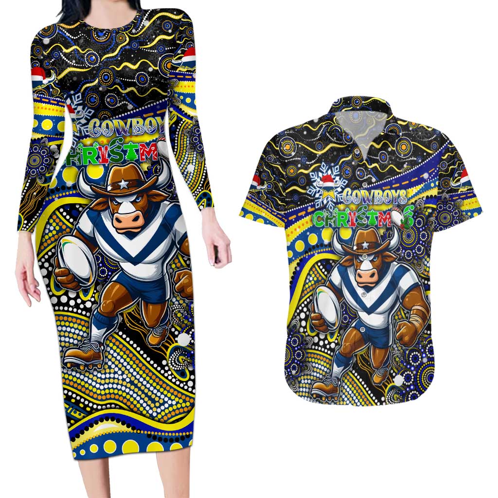 Merry Christmas Cowboys Couples Matching Long Sleeve Bodycon Dress and Hawaiian Shirt Aboriginal Santa Rugby Mascot - North Queensland