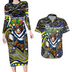 Merry Christmas Cowboys Couples Matching Long Sleeve Bodycon Dress and Hawaiian Shirt Aboriginal Santa Rugby Mascot - North Queensland