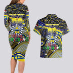 Merry Christmas Cowboys Couples Matching Long Sleeve Bodycon Dress and Hawaiian Shirt Aboriginal Santa Rugby Mascot - North Queensland